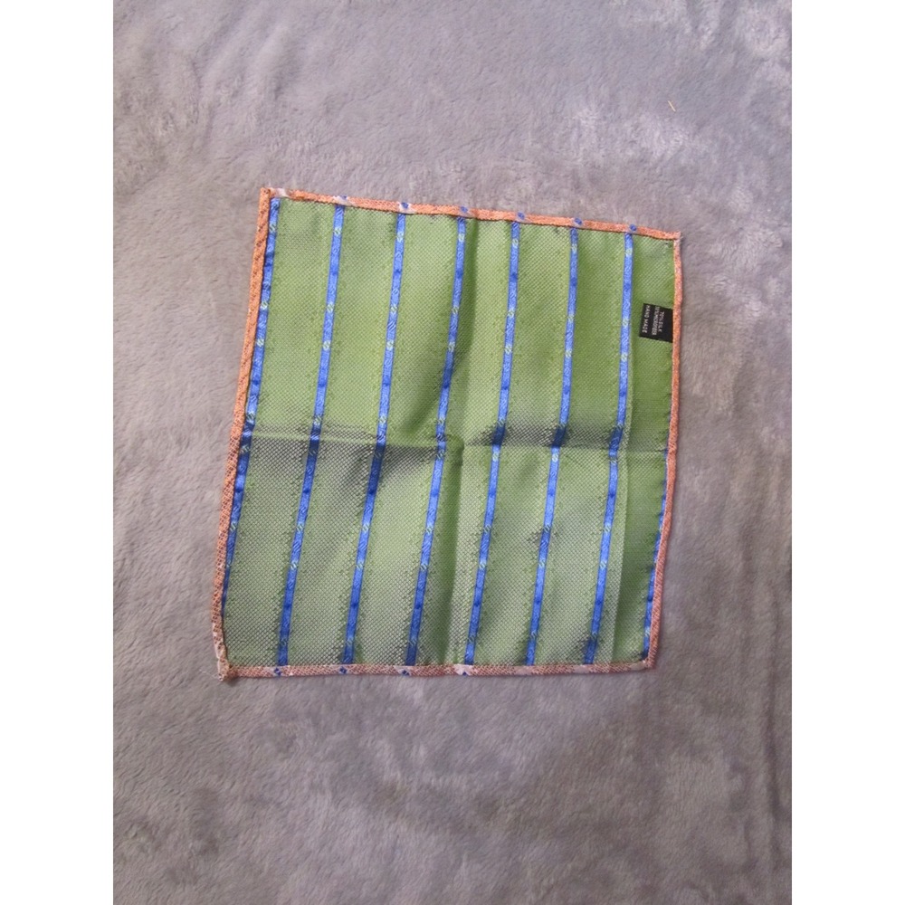 Handmade Reversible Silk Blend Pocket Square Orange‎ Green Striped Geometric